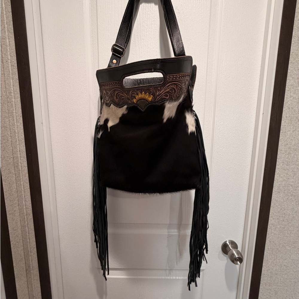 Myra Hair-On Cowhide Western Crossbody Bag | Tooled Leather Sunflower | BOHO
